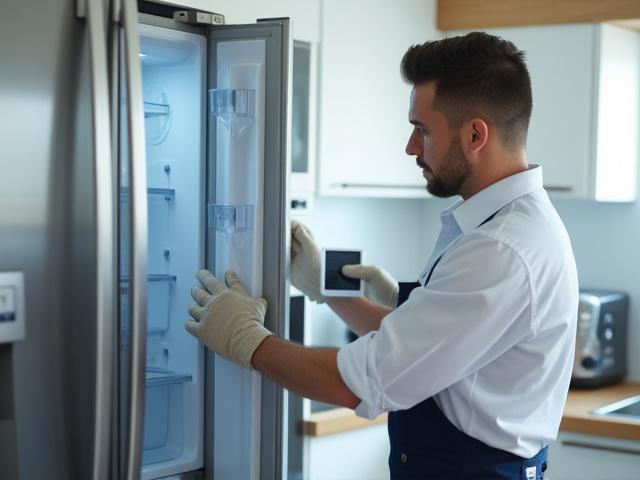 En tekniker som reparerer et moderne kjøleskap.